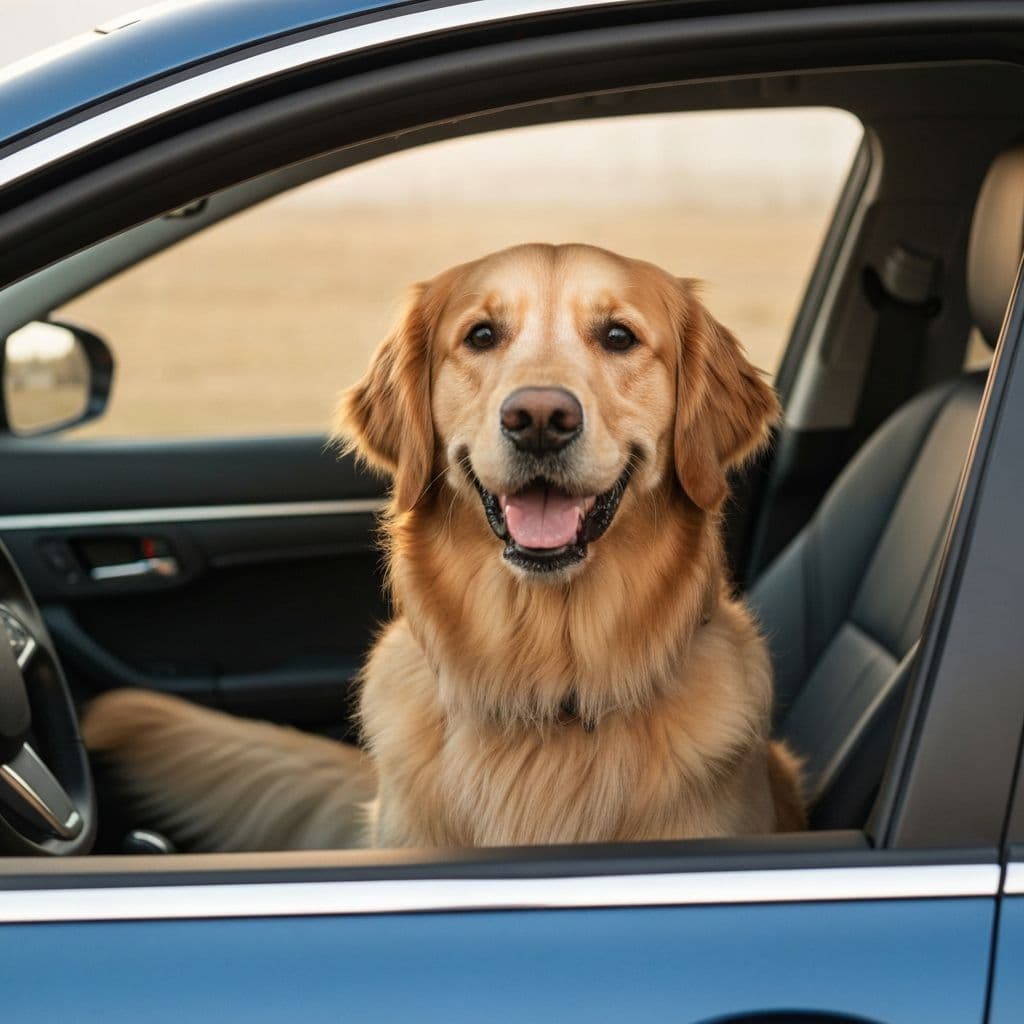Chien heureux regardant par la fenêtre d'un véhicule ANIMOVEPET, avec un sourire et la langue sortie, montrant le confort du transport